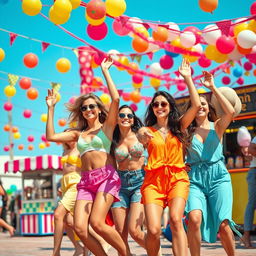A vibrant and lively scene depicting a group of young adults dancing and enjoying themselves at an outdoor summer festival