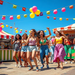 A vibrant and lively scene depicting a group of young adults dancing and enjoying themselves at an outdoor summer festival