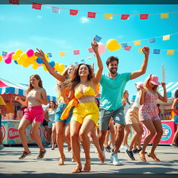 A vibrant and lively scene depicting a group of young adults dancing and enjoying themselves at an outdoor summer festival