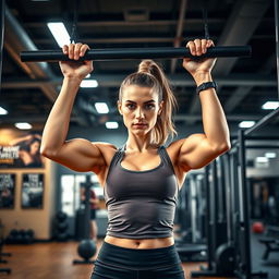 A strong and determined woman attempting pull ups on a gym pullup bar, showcasing her focused expression and muscular arms