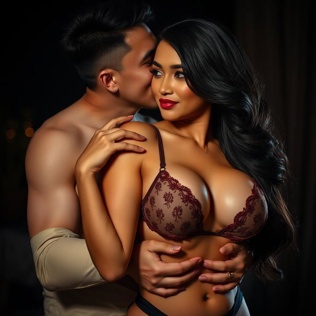 A 35-year-old Indonesian man with pure white skin affectionately hugging a beautiful 28-year-old woman with a strong, sexy, and curvaceous body from behind