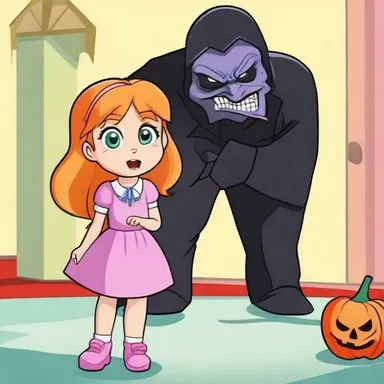 The little girl was afraid of the scary villain in the cartoons.