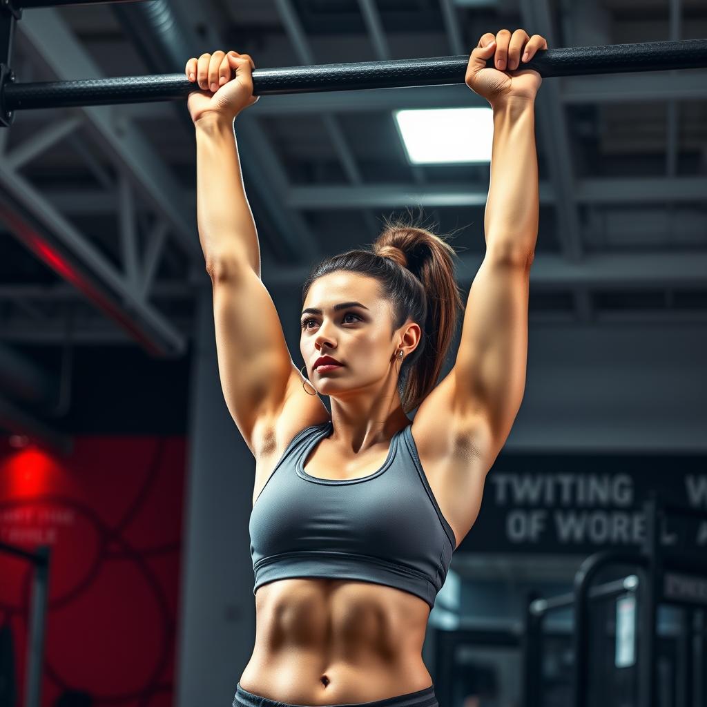 A determined woman reaching up high to grab a pull-up bar, her body fully extended as she prepares to do pull ups