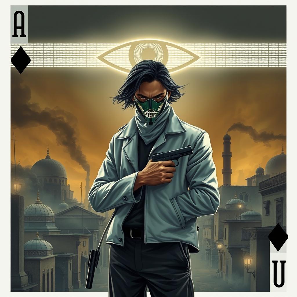 A visually striking book cover designed like a collectible playing card, set at dawn in an Iraqi city with domed mosques and narrow streets, mostly intact, and faint smoke rising from a few buildings