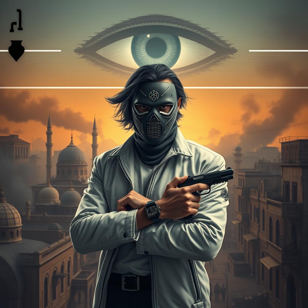 A visually striking book cover designed like a collectible playing card, set at dawn in an Iraqi city featuring beautiful domed mosques and narrow streets, mostly intact, with faint smoke gently rising from a few buildings