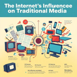 A dynamic and visually engaging poster illustrating the impact of the internet on traditional media