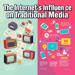 A dynamic and visually engaging poster illustrating the impact of the internet on traditional media