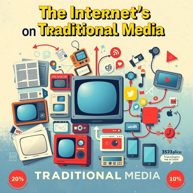 A dynamic and visually engaging poster illustrating the impact of the internet on traditional media