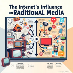 A dynamic and visually engaging poster illustrating the impact of the internet on traditional media