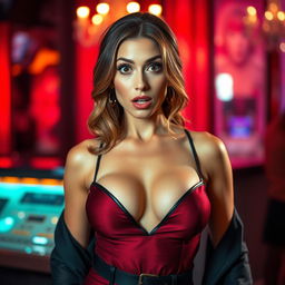 A stunning 40-year-old attractive woman dressed in a sexy outfit that emphasizes her generous cleavage