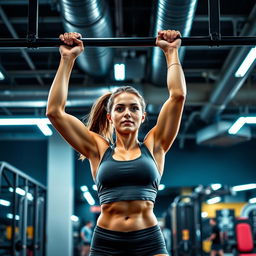 A determined woman reaching high to grab a pull-up bar, her body fully extended as she prepares to perform pull ups