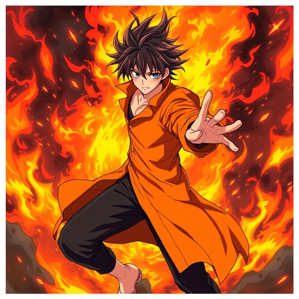 An exciting anime illustration of a male figure surrounded by a dramatic backdrop of flames and flying sparks