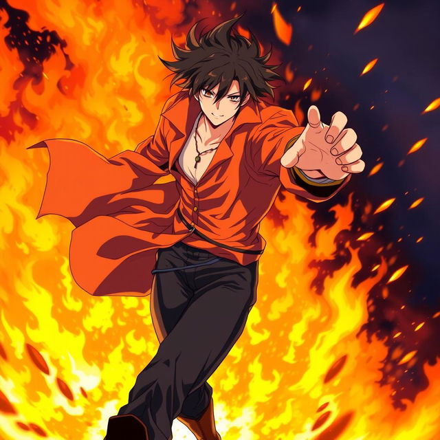 An exciting anime illustration of a male figure surrounded by a dramatic backdrop of flames and flying sparks