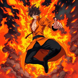 An exciting anime illustration of a male figure surrounded by a dramatic backdrop of flames and flying sparks