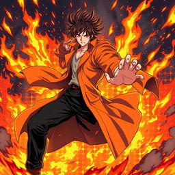 An exciting anime illustration of a male figure surrounded by a dramatic backdrop of flames and flying sparks
