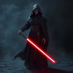 A dark, atmospheric scene featuring a Sith character clad in a flowing black robe adorned with deep red accents
