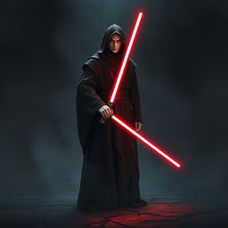 A dark, atmospheric scene featuring a Sith character clad in a flowing black robe adorned with deep red accents