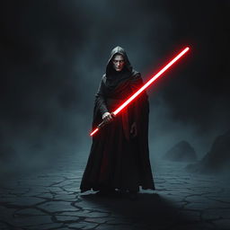 A dark, atmospheric scene featuring a Sith character clad in a flowing black robe adorned with deep red accents