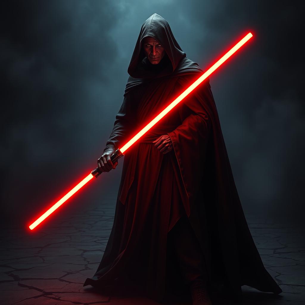 A dark, atmospheric scene featuring a Sith character clad in a flowing black robe adorned with deep red accents