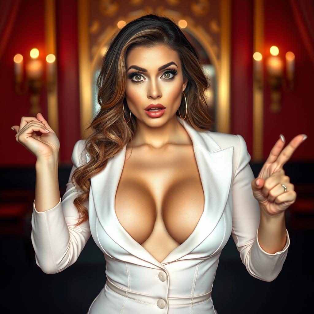 A stunning 40-year-old attractive woman dressed in a sexy outfit that highlights her generous cleavage