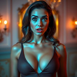 A stunning 40-year-old attractive woman dressed in a sexy outfit that highlights her generous cleavage