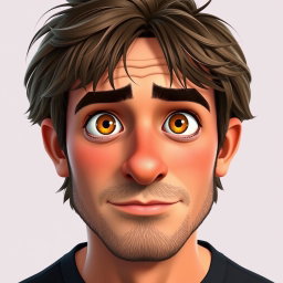 A man in his late 30s with disheveled brown hair styled with bangs, featuring honey-colored egg-shaped eyes, a notably large nose, and full big lips