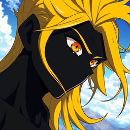 A striking image of a black anime character, featuring long, flowing yellow hair that stands out vividly