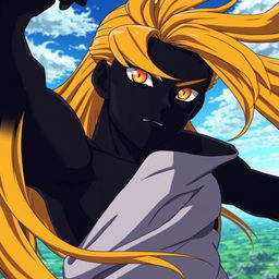 A striking image of a black anime character, featuring long, flowing yellow hair that stands out vividly