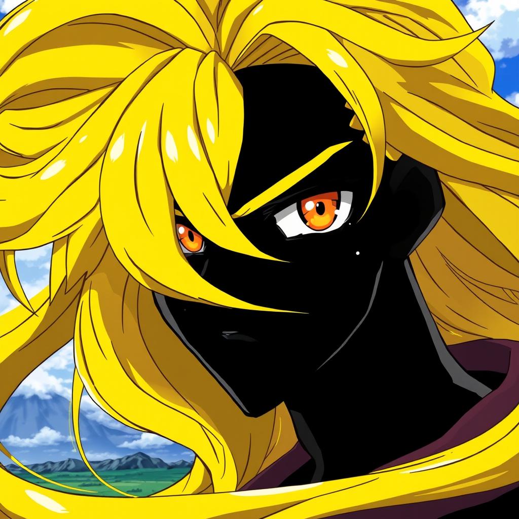 A striking image of a black anime character, featuring long, flowing yellow hair that stands out vividly