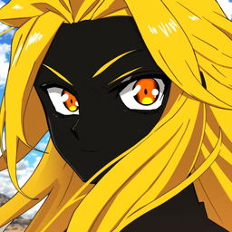 A striking image of a black anime character, featuring long, flowing yellow hair that stands out vividly