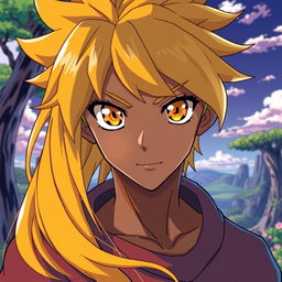 A captivating image of a brown anime character, showcasing long, flowing yellow hair that stands out with a bright vibrancy