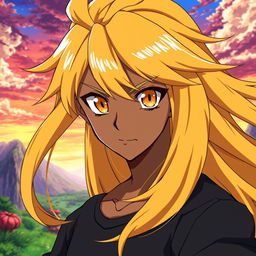 A captivating image of a brown anime character, showcasing long, flowing yellow hair that stands out with a bright vibrancy