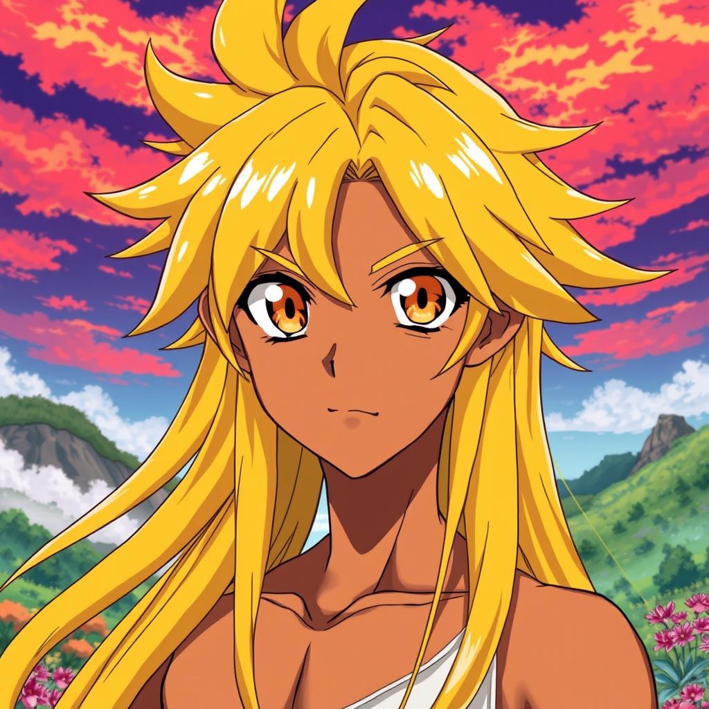 A captivating image of a brown anime character, showcasing long, flowing yellow hair that stands out with a bright vibrancy