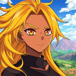 A captivating image of a brown anime character, showcasing long, flowing yellow hair that stands out with a bright vibrancy