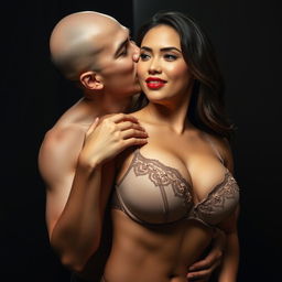 A 35-year-old Indonesian man with pure white skin lovingly embracing a beautiful 28-year-old woman with a strong, sexy, and curvaceous body from behind