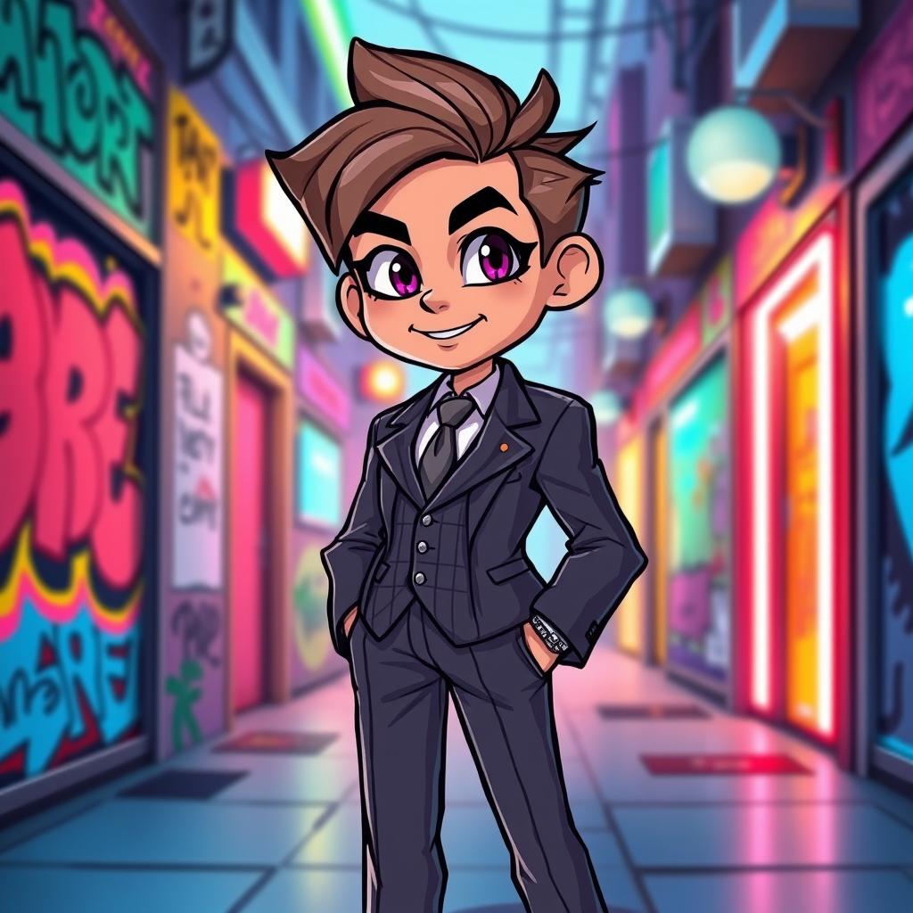 A vibrant, stylized character sprite wearing a sleek, modern suit