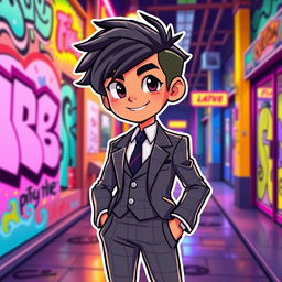 A vibrant, stylized character sprite wearing a sleek, modern suit