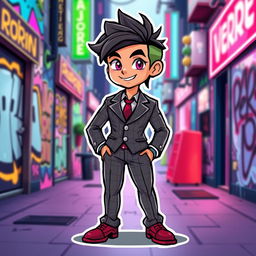 A vibrant, stylized character sprite wearing a sleek, modern suit