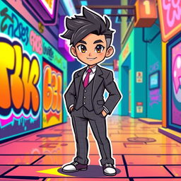 A vibrant, stylized character sprite wearing a sleek, modern suit