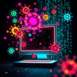 A visually striking representation of computer viruses, depicted as dynamic and colorful digital entities swirling around a glowing computer screen