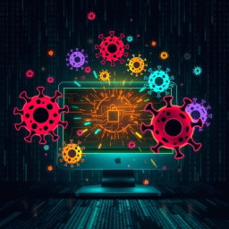 A visually striking representation of computer viruses, depicted as dynamic and colorful digital entities swirling around a glowing computer screen