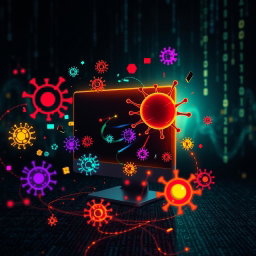 A visually striking representation of computer viruses, depicted as dynamic and colorful digital entities swirling around a glowing computer screen