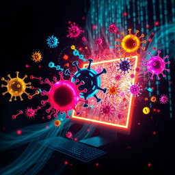 A visually striking representation of computer viruses, depicted as dynamic and colorful digital entities swirling around a glowing computer screen