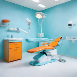 A dental unit with a striking color combination, featuring an orange dental chair against a white floor, with the rest of the room in light blue. The unit also includes modern dental equipment, offering a professional yet lively atmosphere.