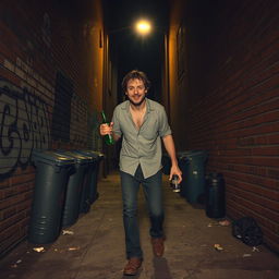 A disheveled man stumbling down a dimly lit alley, his shirt slightly untucked and a look of bemusement on his face