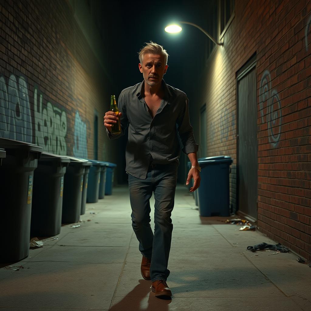 A disheveled man stumbling down a dimly lit alley, his shirt slightly untucked and a look of bemusement on his face