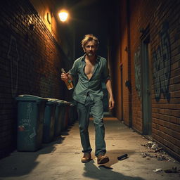A disheveled man stumbling down a dimly lit alley, his shirt slightly untucked and a look of bemusement on his face