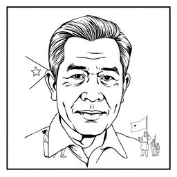 A black and white line drawing poster featuring the face of Fernando Amorsolo, with a stylistic representation of his artwork titled 'The Making of the Philippine Flag'