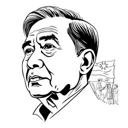 A black and white line drawing poster featuring the face of Fernando Amorsolo, with a stylistic representation of his artwork titled 'The Making of the Philippine Flag'