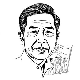 A black and white line drawing poster featuring the face of Fernando Amorsolo, with a stylistic representation of his artwork titled 'The Making of the Philippine Flag'